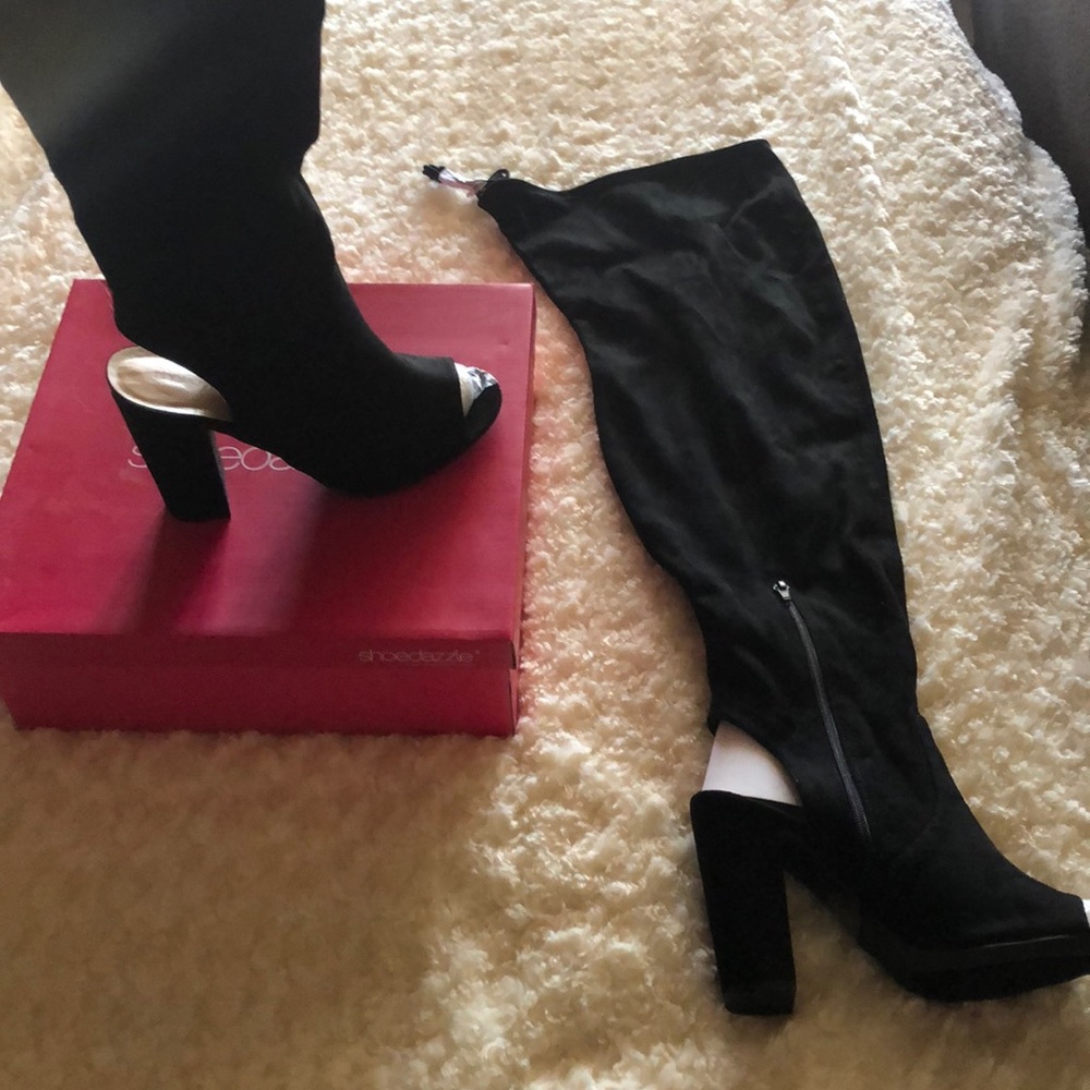 Thigh High Black Peep Toe and Heel High Heel Boots